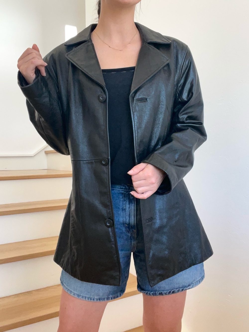 Vintage Wilson’s Leather Black Button Front Collared Blazer Jacket Size Large